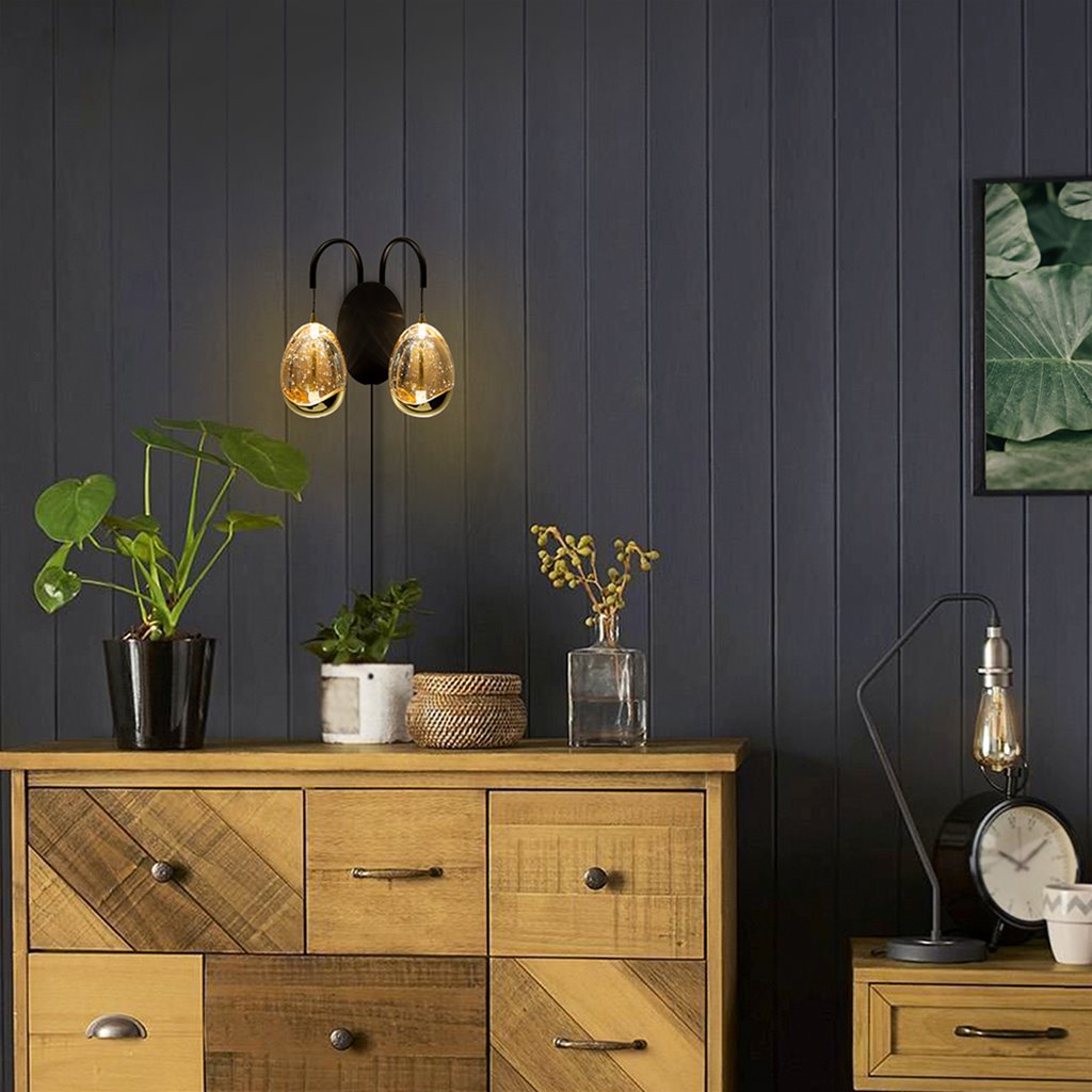 Wandlamp zwart + goud + amber