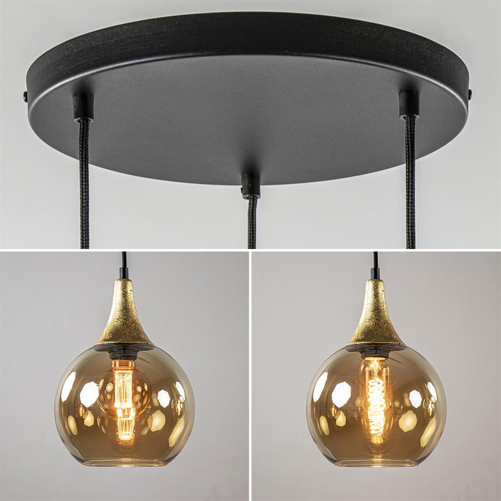 Ronde 3-lichts Hanglamp Zwart Met Goud En Amber Glas | Straluma