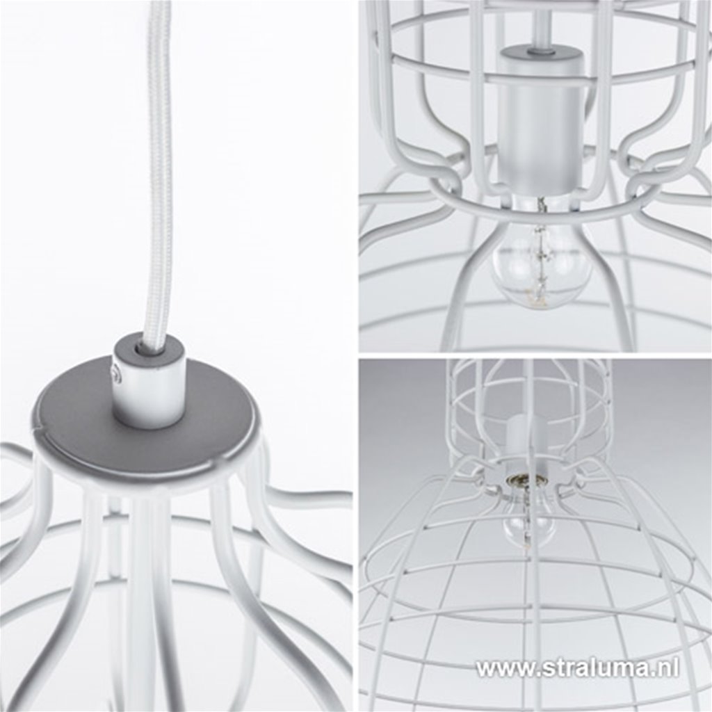 Trendy draad hanglamp wit eettafel