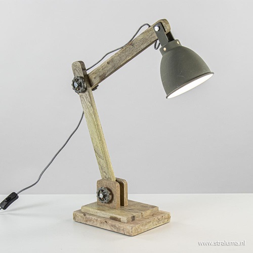 Bureaulamp landelijk hout met grijze kap