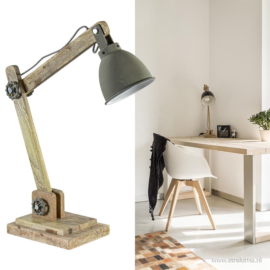gezond verstand Betrokken Sloppenwijk Bureaulamp landelijk hout met grijze kap | Straluma