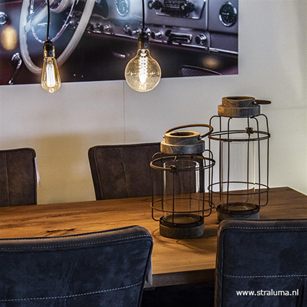 Roestbruin windlicht met hout en glas
