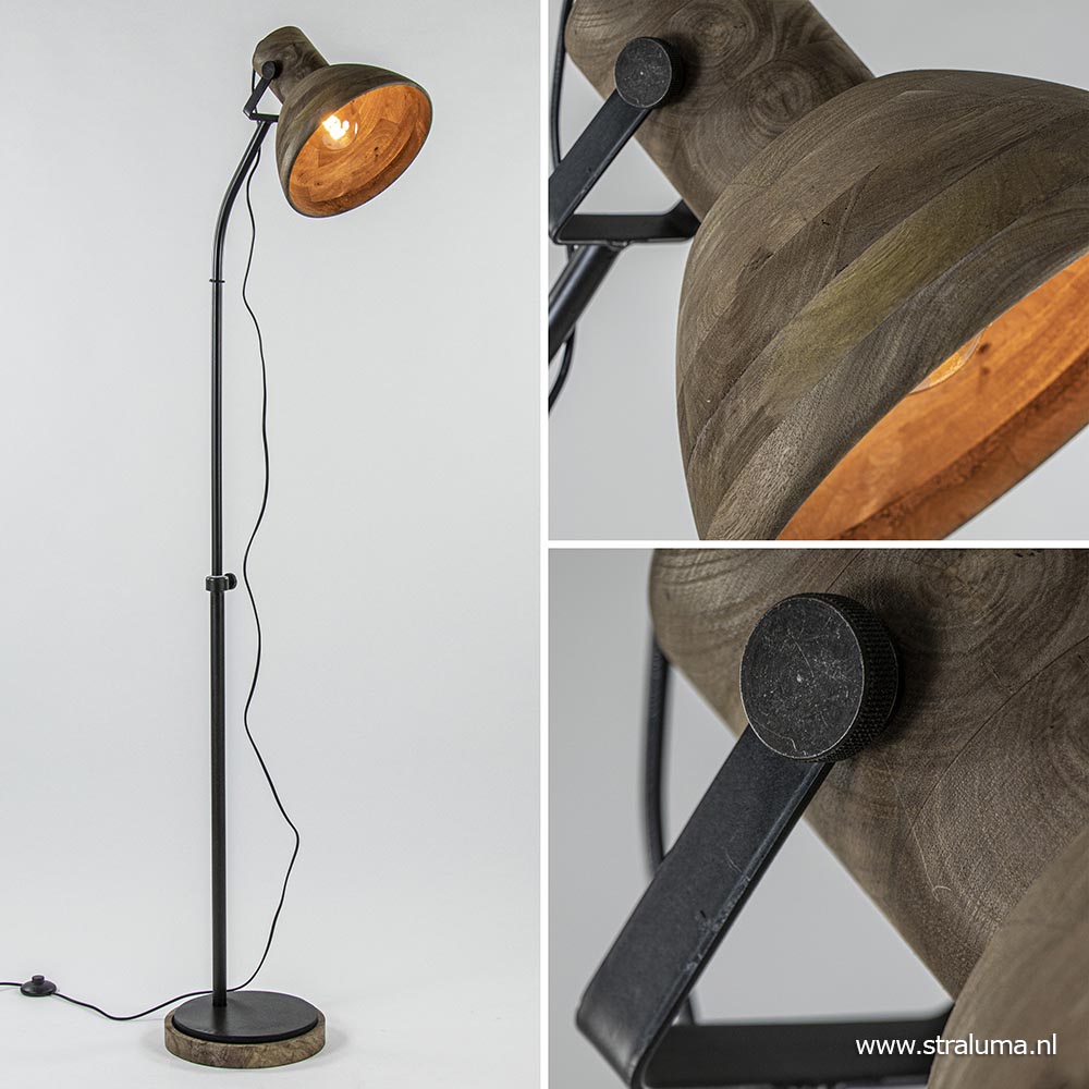 beddengoed Missie Alexander Graham Bell Landelijk industriële vloerlamp Imbert metaal met hout | Straluma