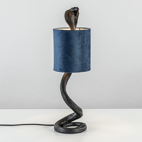 Tafellamp Snake zwart met kap velvet petrol blauw