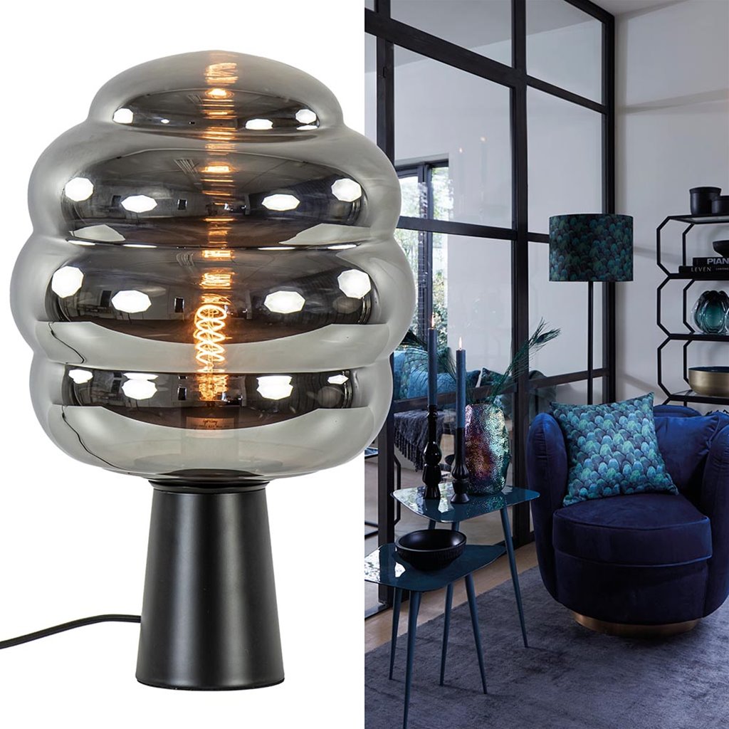 Tafellamp Misty zwart + titanium glas