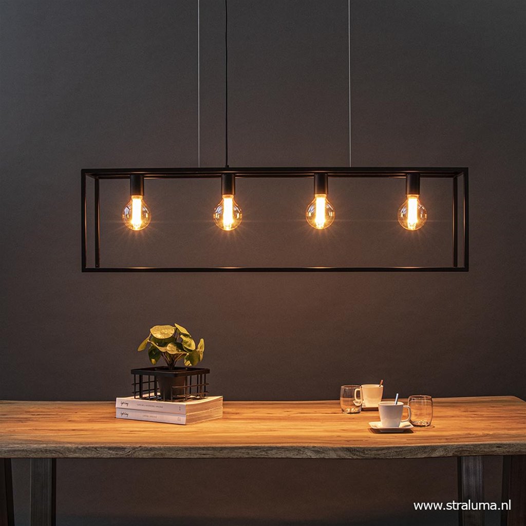 residentie Rondlopen emotioneel Hanglamp balk zwart open frame 4-lichts | Straluma