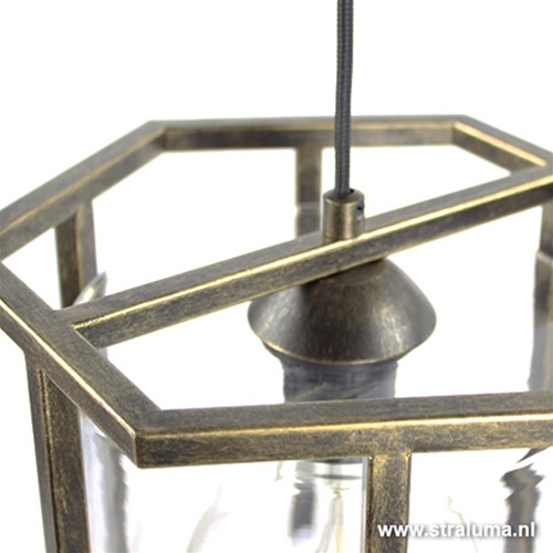 Lantaarn antiek goud 6-kantig met glas