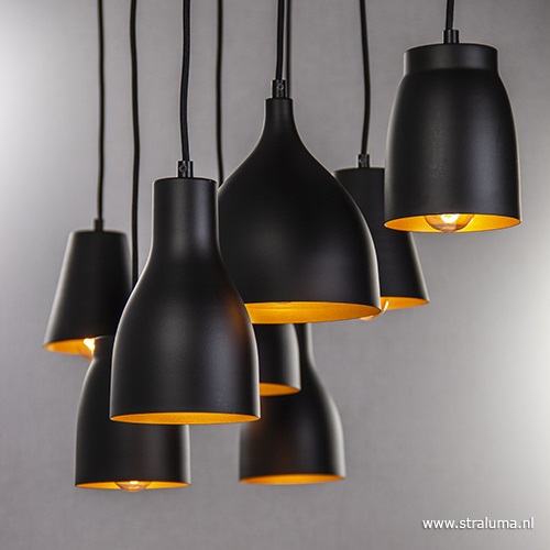 Hanglamp 8-lichts zwart/goud multipendel