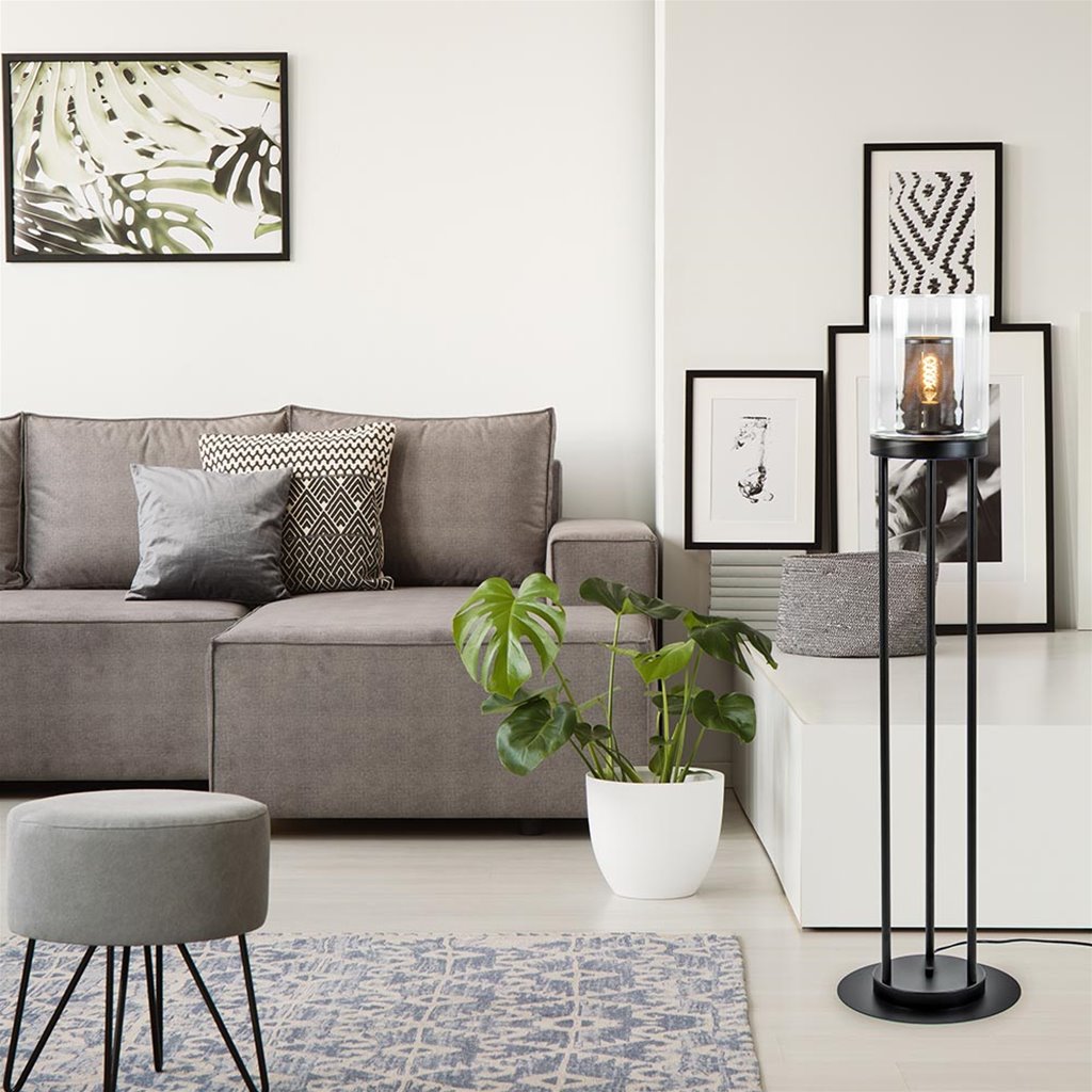 Cilinder vloerlamp mat zwart met helder glas