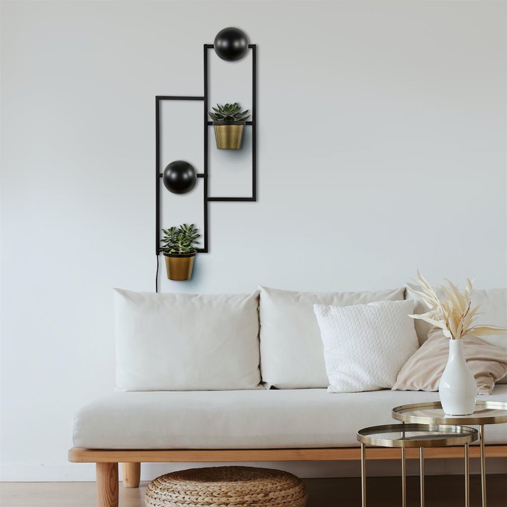 Wandlamp zwart met gouden bloempotjes