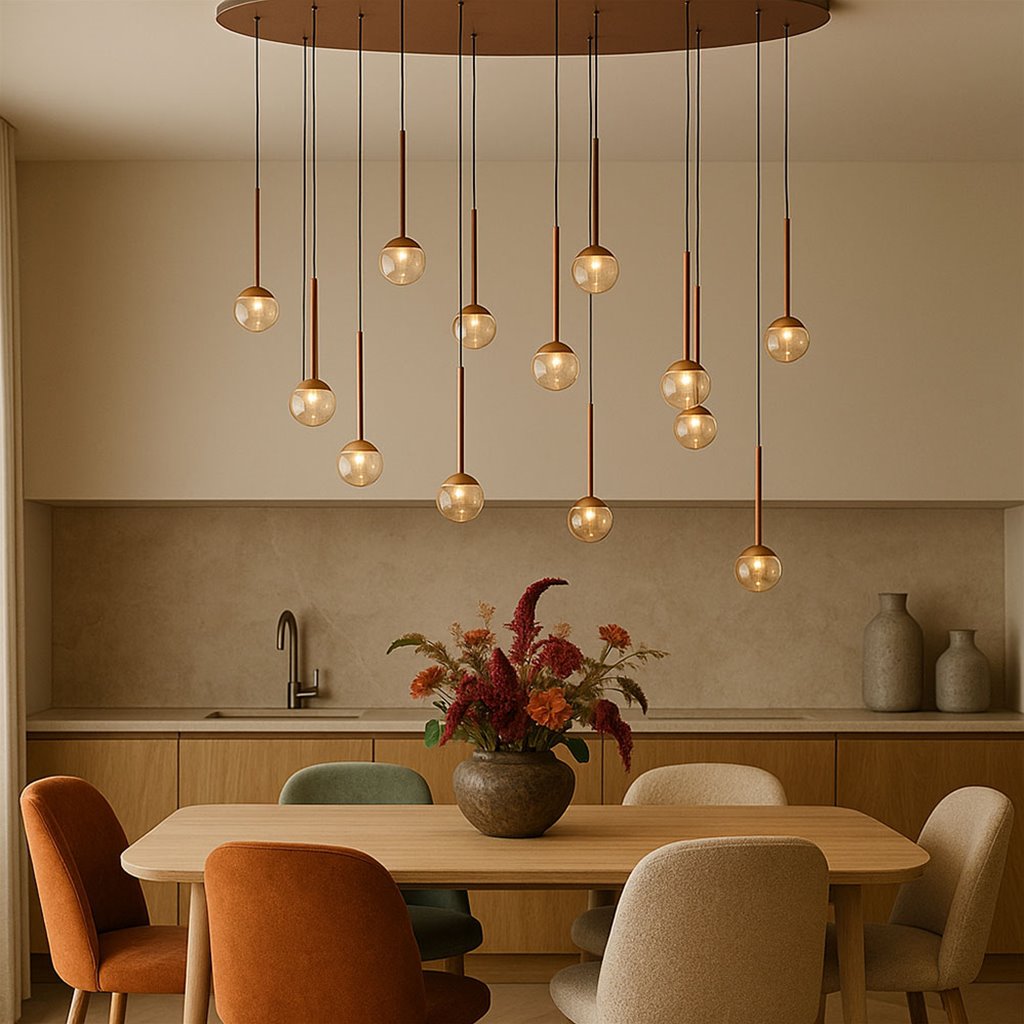 Lucide Calina hanglamp koffie 12-lichts LED orbs met ovale plafondplaat