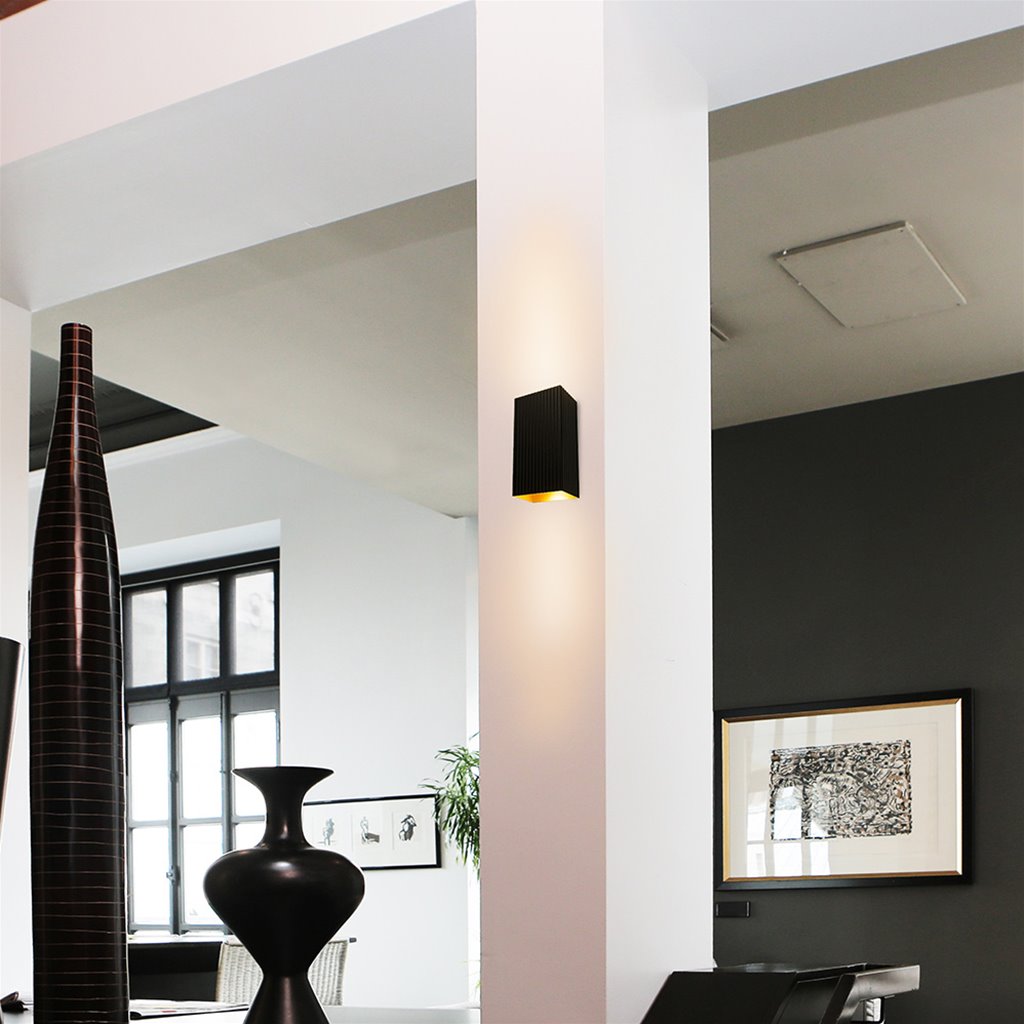 Wandlamp ribbel zwart goud 2-lichts