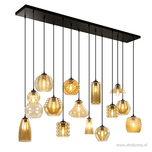 Hanglamp multipendel 14x amber glas/zw