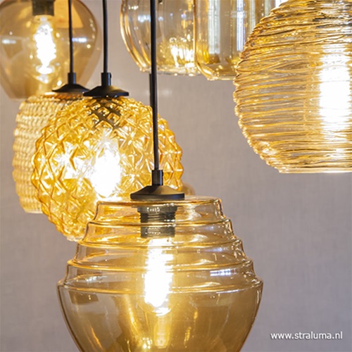 8-Lichts hanglamp amber glazen kappen