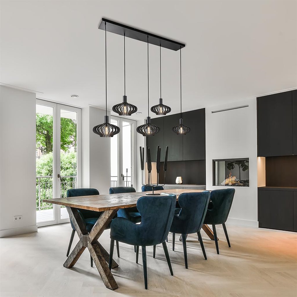 Geroosterd verdieping Zwart Grote 5-lichts hanglamp mat zwart hout | Straluma