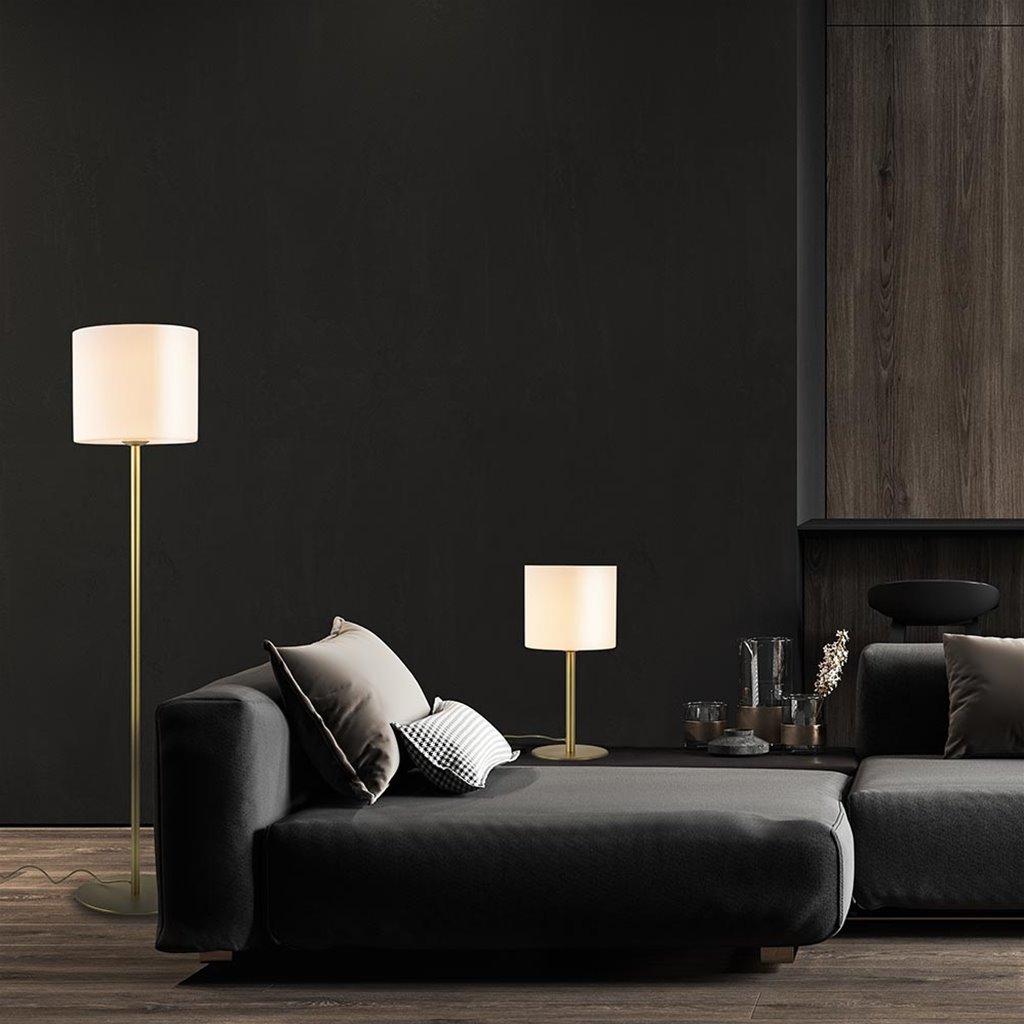 Stijlvolle tafellamp mat goud met wit glas