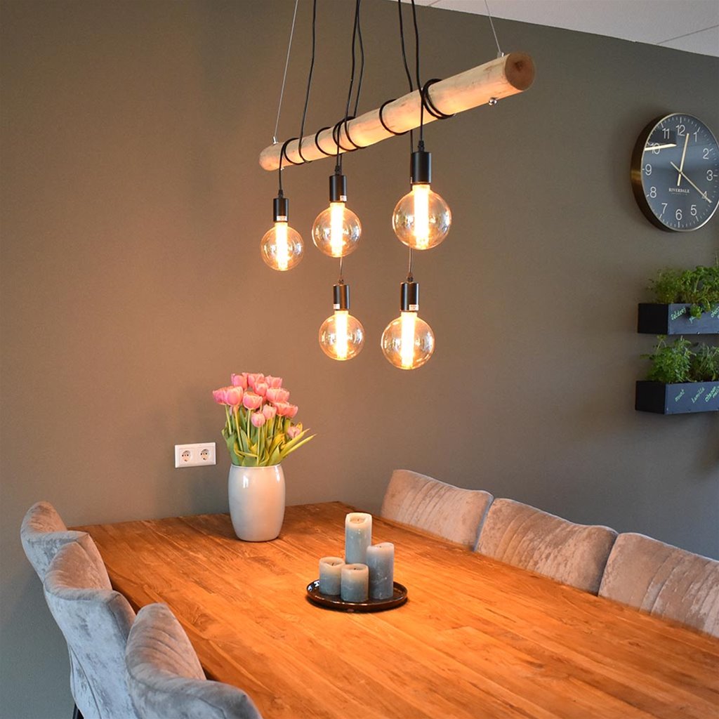 zuiverheid optioneel Condenseren 5-Lichts hanglamp houten balk met zwarte pendels | Straluma