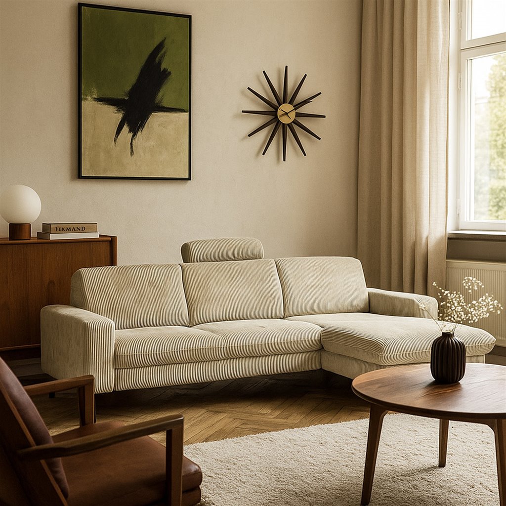 Blossom hoekbank in stof Coral Lind beige/salie 2-zits met chaise longue en verstelbare rug- en hoofdsteunen.