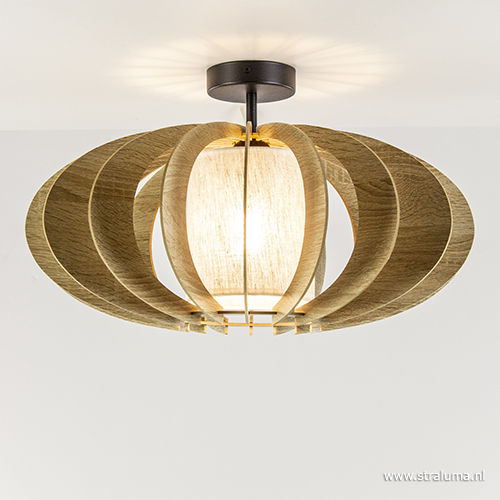 Plafondlamp hout met stoffen kap 50cm Straluma