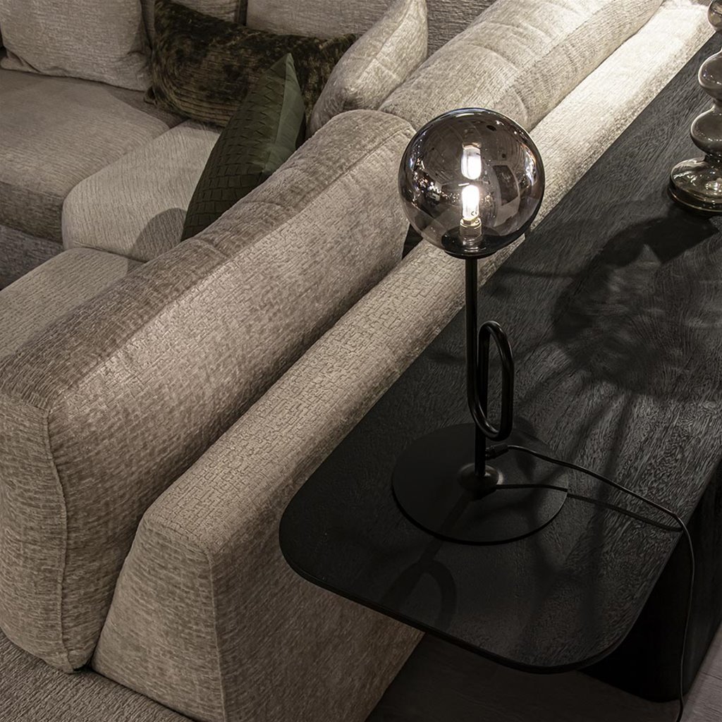 Retro tafellamp zwart met smoke/titanium glazen bol