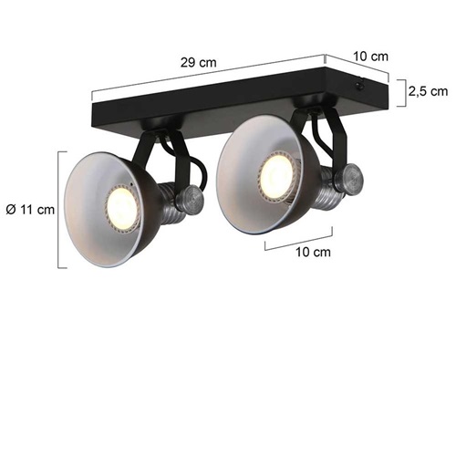 Industriële 2-lichts plafondlamp met ronde spots