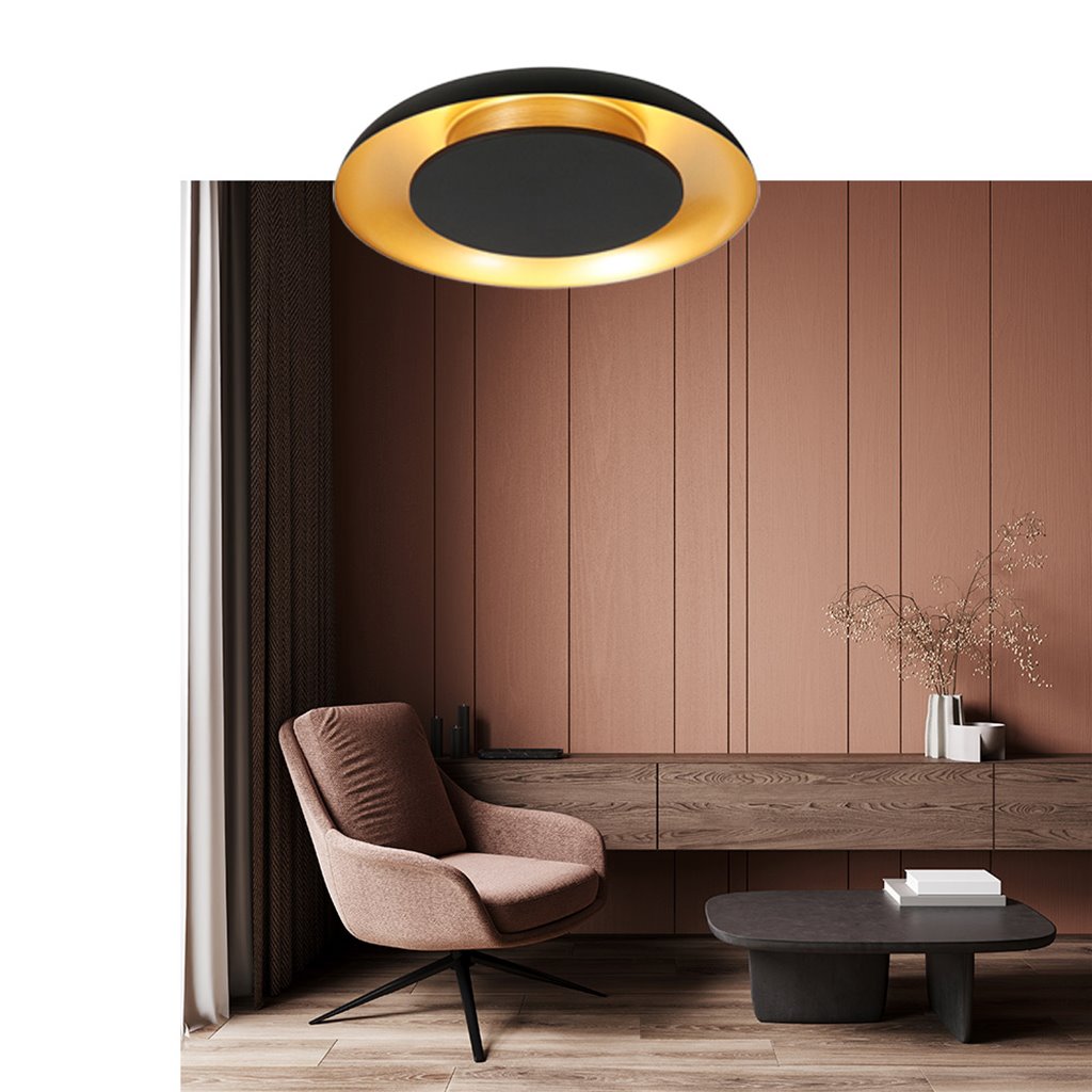 Elegante ronde zwarte plafondlamp met gouden binnenkant