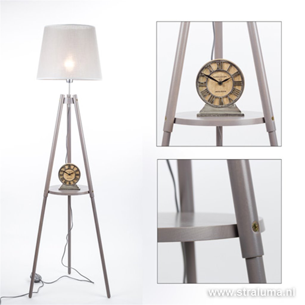 Driepoot vloerlamp grijze kap woonkamer