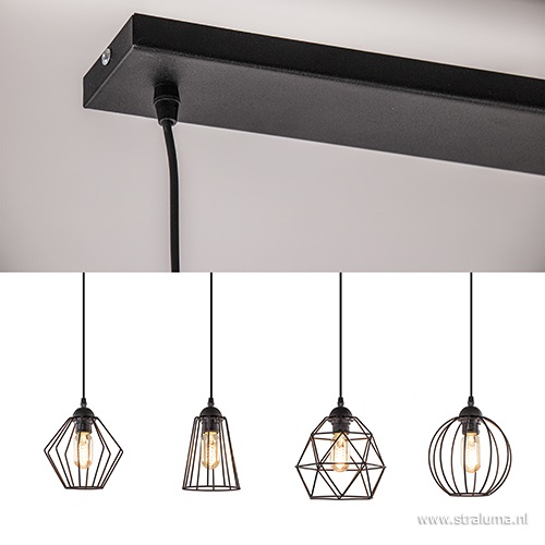 Eettafel draad-hanglamp zwart 4-lichts