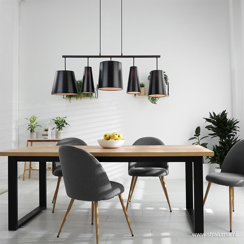 5-Lichts hanglamp zwart met zwarte kappen
