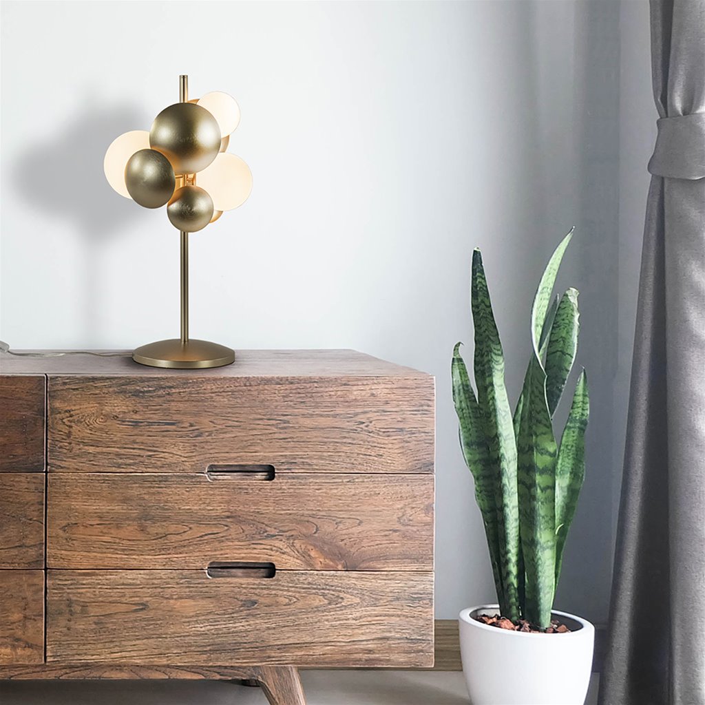 Retro tafellamp goud met wit glas