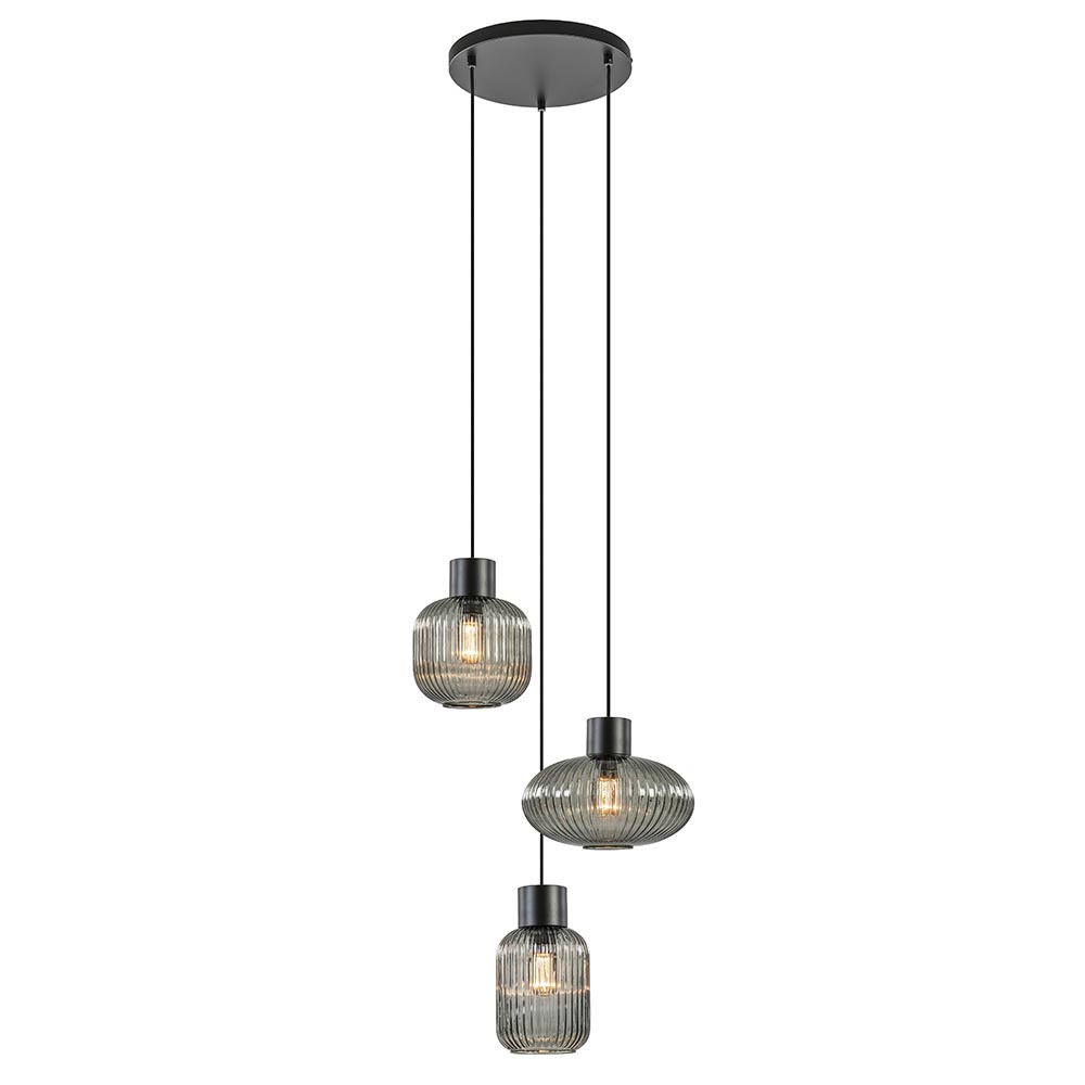 3-Lichts Ronde Eettafelhanglamp Zwart Met Smoke Glas | Straluma