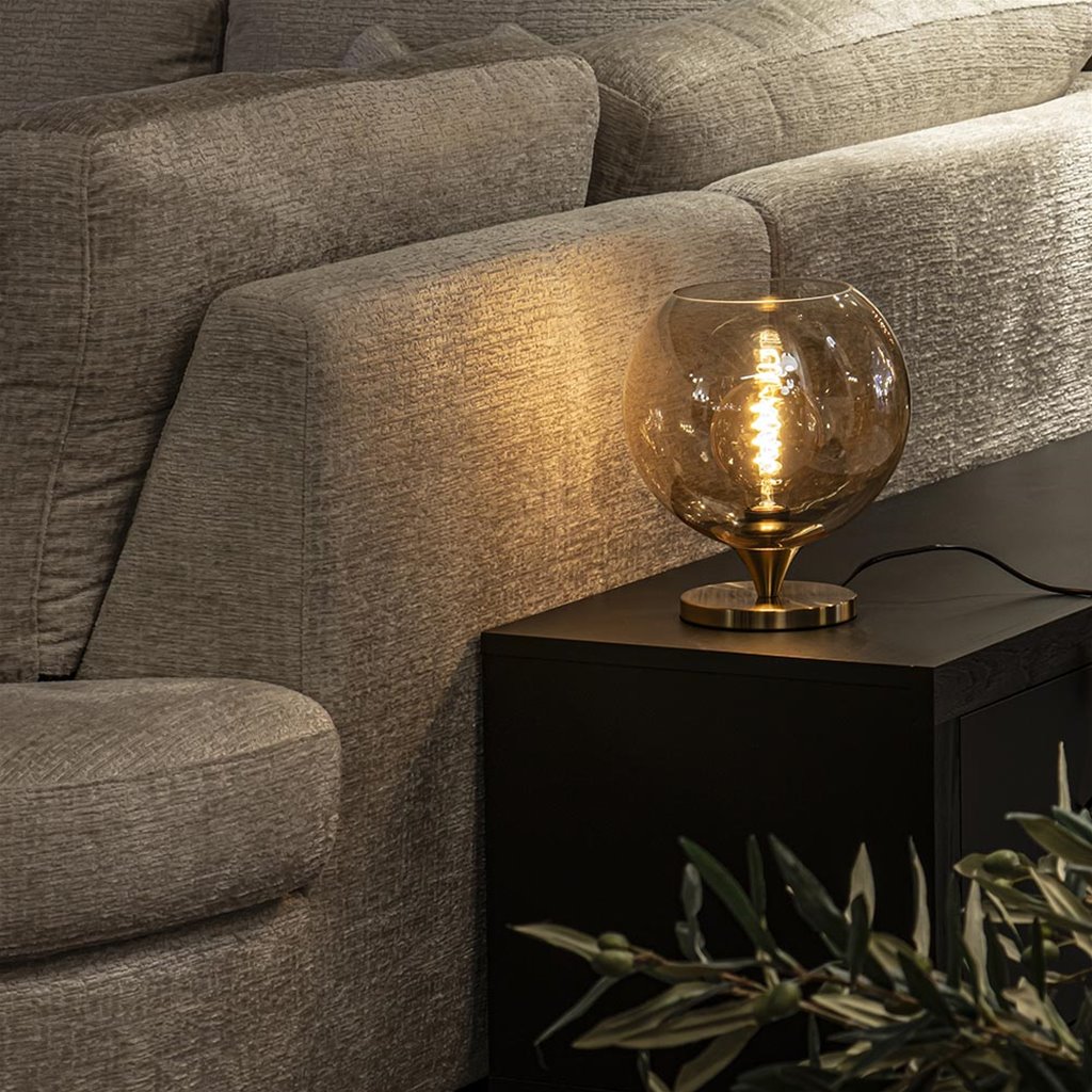 Elegante tafellamp donker goud met amber glazen bol 25 cm